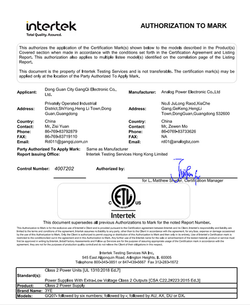 China Dongguan Analog Power Electronic Co., Ltd Certificaciones